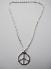 Long Peace Pendant Silver Bling Necklace