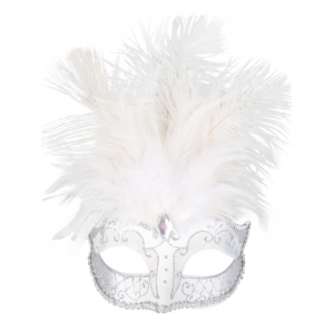 White Silver Eye Mask with Feathers - Masquerade Masks Feather Masks 