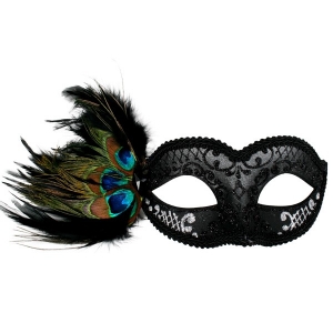 Black and Silver Peacock Feather Eye Mask - Masquerade Masks Feather Mask
