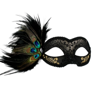 ADRIANNA Black and Gold Peacock Feather Mask Eye Mask - Masquerade Mask