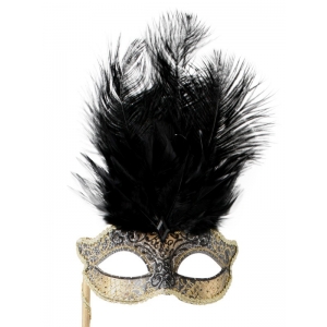 JOSEPHINE Black Eye Mask with Stick - Masquerade Mask Feather Mask