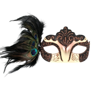 Black Gold Eye Mask with Peacock Feathers - Masquerade Masks Feather Masks