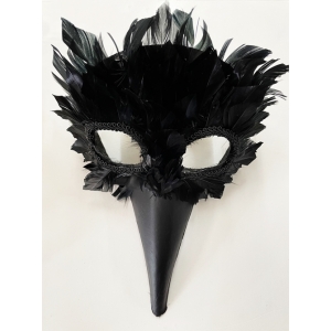 Italian Ballo Mask Black Venetian Raven Mask with Feathers - Masquerade Mask