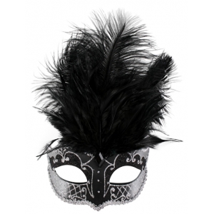 Black Silver Eye Mask with Feathers - Masquerade Masks Feather Masks 