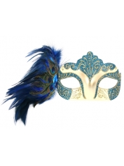 Blue Gold Eye Mask with Peacock Feathers - Masquerade Masks Feather Masks
