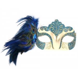 Blue Gold Eye Mask with Peacock Feathers - Masquerade Masks Feather Masks
