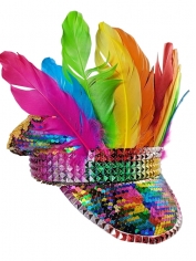 Sequin Rainbow Hat with Feathers - Mardi Gras Hats