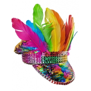 Sequin Rainbow Hat with Feathers - Mardi Gras Hats